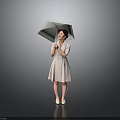 Cute Child in Light Gray Dress Holding Umbrella Standing on Gray Background