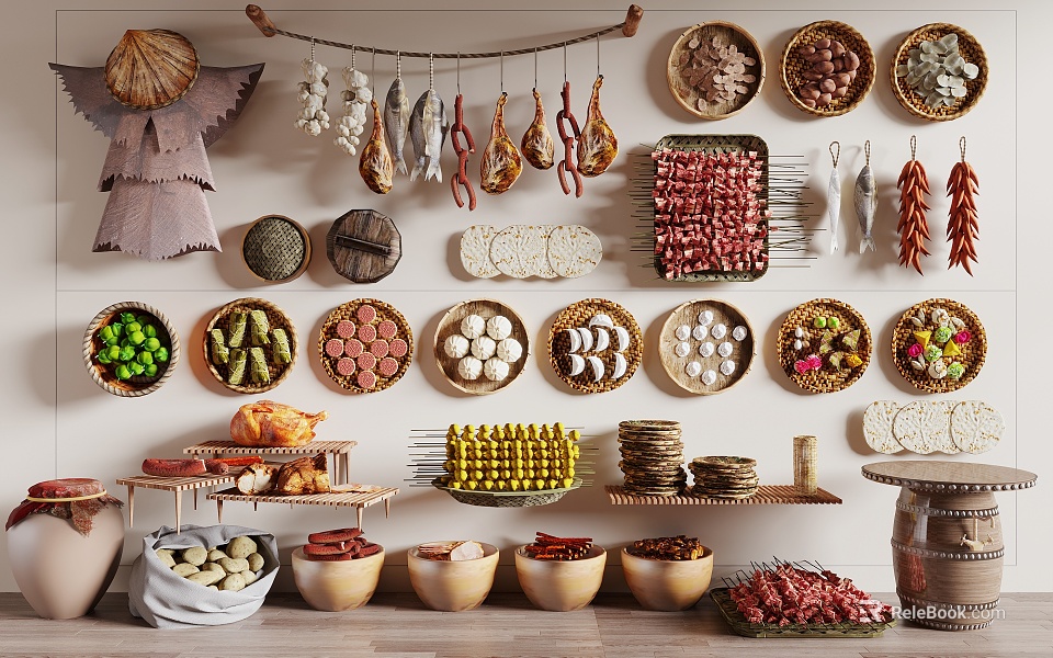 Diverse Food Display Featuring Hanging Meats Plated Ingredients and Bowls on Shelves 3d model 