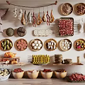 Diverse Food Display Featuring Hanging Meats Plated Ingredients and Bowls on Shelves