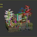 Miniature Scene With Model House Trees Rocks And Mixed Material Structure On Rock Base