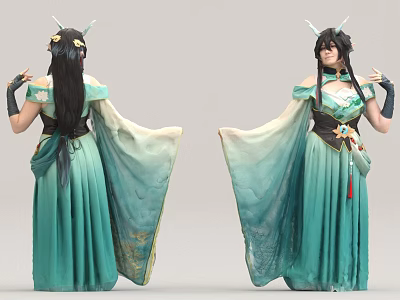 Woman With Long Black Hair Wearing Green Gradient Dress Horns And Flowing Cape 3d model