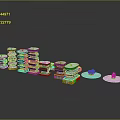 Multiple Stacked Building Models With Various Colors And Circular Bases On Reflective Surface