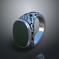 Elegant Silver Ring With Green Oval Gemstone And Intricate Decorative Edge Patterns 3d model
