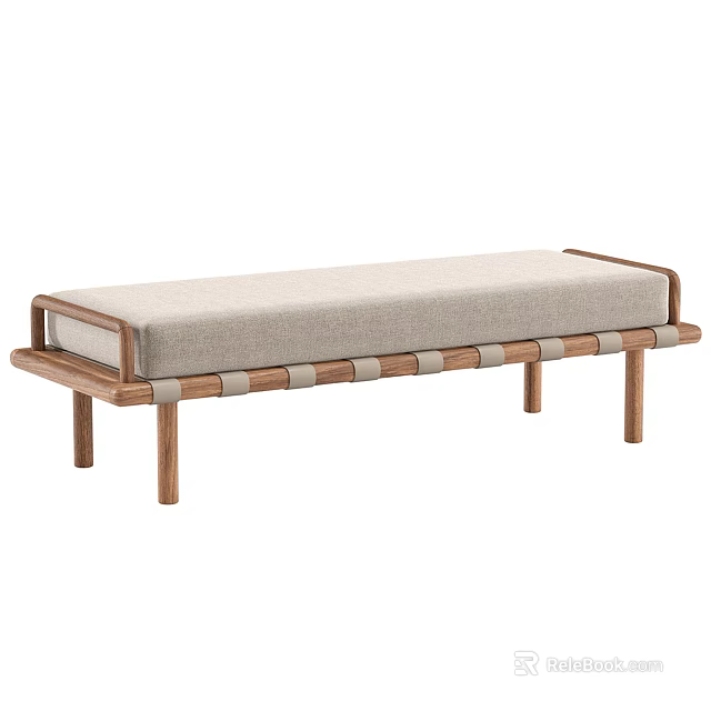 Modern Wooden Bench With Upholstered Linen Seat And Sturdy Wood Legs Design 3d model 