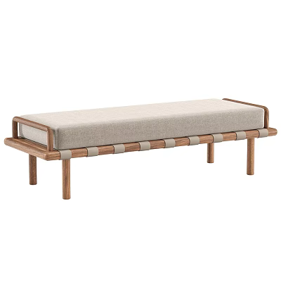 Modern Wooden Bench With Upholstered Linen Seat And Sturdy Wood Legs Design 3d model