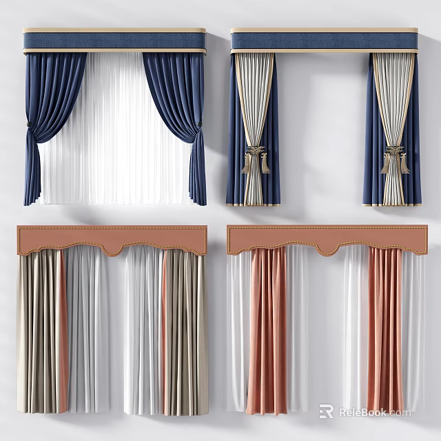 Elegant Curtain Designs Featuring Blue Gold Ribbons And Colorful Valance Styles 3d model 