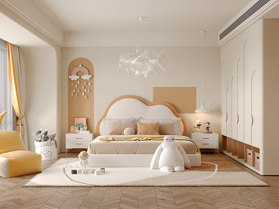 Kids Room With Soft Headboard Bed Cloud Chandelier Plush Rabbit Toy Cozy Rug Storage Cabinets 3d model
