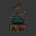 Mobile Vendor Cart With Green Awning Red Flag And Storage Box On Wheels