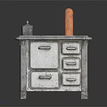 Vintage Metal Stove with Drawers Copper Pipe and Small Container on Top