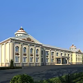 Classical Style Cream Colored Office Building With Twin Domes Arched Windows And Greenery 3d model