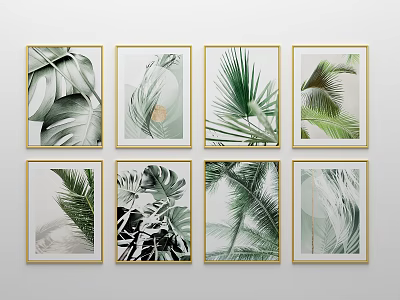 Eight Framed Botanical Prints With Gold Frames And Tropical Leaf Designs On White Wall 3d model