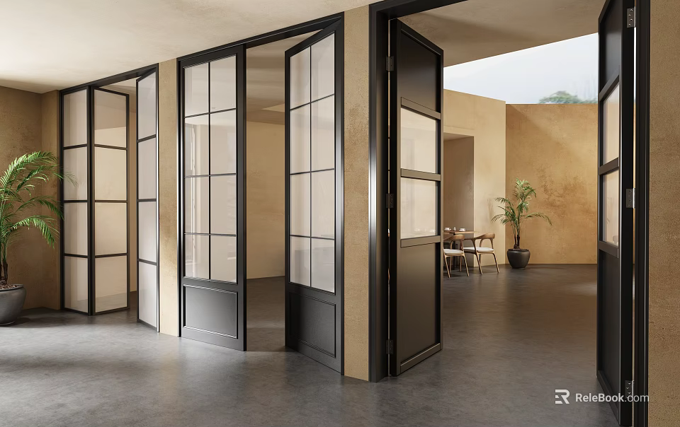 Modern Black Framed Glass Panel Double Doors In Open Interior Space Design 3d model