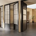 Modern Black Framed Glass Panel Double Doors In Open Interior Space Design 3d model