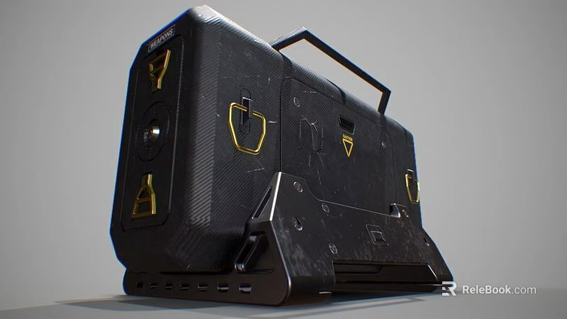 Black Tactical Weapon Storage Case With Carbon Fiber Texture And Golden Insignia Design 3d model 