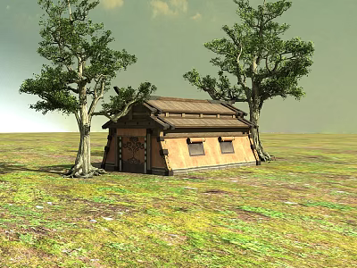 Traditional Ancient Building With Sloped Wooden Roof And Trees In Green Grassland 3d model