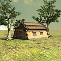 Traditional Ancient Building With Sloped Wooden Roof And Trees In Green Grassland