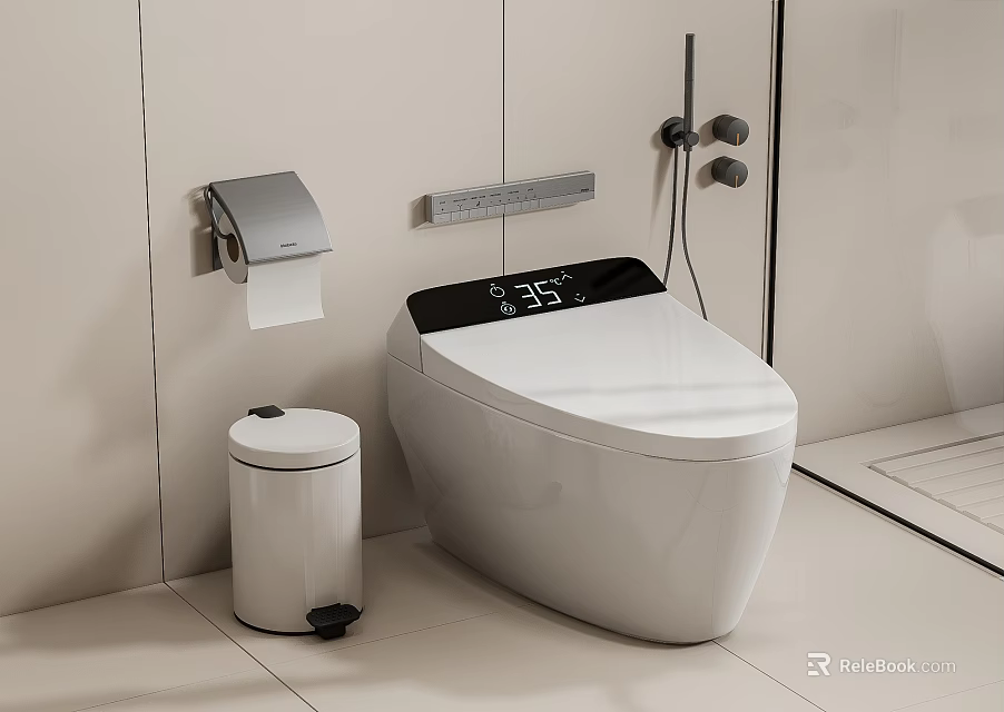 Smart Toilet With Digital Display In Modern Bathroom With Toilet Paper Holder And Trash Bin 3d model 