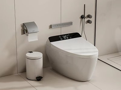 Smart Toilet With Digital Display In Modern Bathroom With Toilet Paper Holder And Trash Bin 3d model