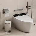 Smart Toilet With Digital Display In Modern Bathroom With Toilet Paper Holder And Trash Bin