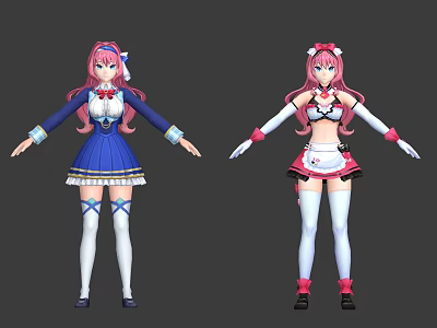 Game And Movie Character With Pink Hair And Blue White Dress Pink Top White Skirt 3d model