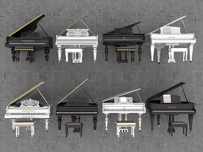 Elegant Musical Instruments Display With Various Classical Modern Pianos In Black White Colors 3d model