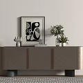Minimalist Entryway Sideboard Cabinet With Silver Metallic Finish And Decorative Plant Artwork