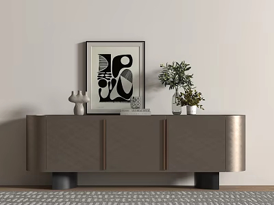 Minimalist Entryway Sideboard Cabinet With Silver Metallic Finish And Decorative Plant Artwork 3d model