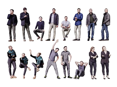 Group Of Men In Various Standing Sitting Poses With Different Postures 3d model