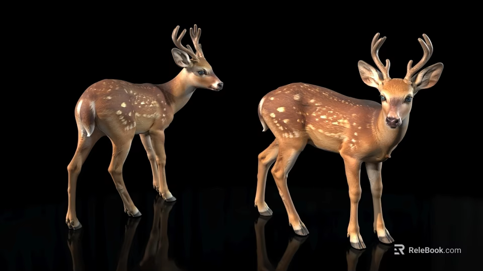 Realistic Two Spotted Deer Standing On Black Background With Reflections 3d model 