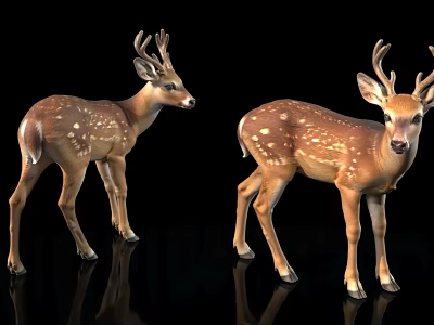 Realistic Two Spotted Deer Standing On Black Background With Reflections 3d model