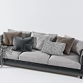 Gray Three Seater Sofa With Checkered Cushions Throw Blanket And Dark Armrests 3d model