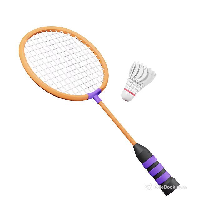 Orange Frame Badminton Racket With Purple Grip And White Shuttlecock Sports Equipment 3d model 