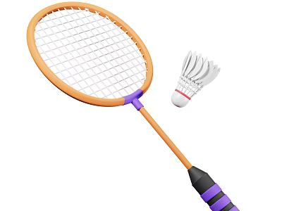 Orange Frame Badminton Racket With Purple Grip And White Shuttlecock Sports Equipment 3d model