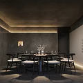 Private Dining Room Interior With Round Table Six Chairs Calligraphy Wall And Soft Lighting 3d model