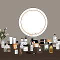 Modern Vanity Table Display With Perfume And Cosmetic Collection Various Bottles Plants And Mirror
