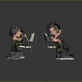 Two 3D Cartoon Characters Sitting On White Folding Chairs With Green Pants And Black Shirts