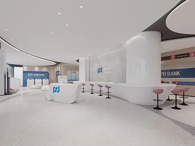 Elegant Modern Bank Interior Design With Curved Reception Desk Red Stools And Brand Logo 3d model