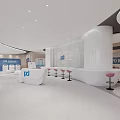 Elegant Modern Bank Interior Design With Curved Reception Desk Red Stools And Brand Logo