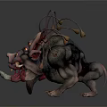 Vibrant Mythical Creature With Pig Like Head Open Mouth Tongue Tentacle Appendages And Yellow Sacs
