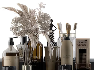 Elegant Bathroom Accessories Set Featuring Bottles Brushes And Decor Plants 3d model