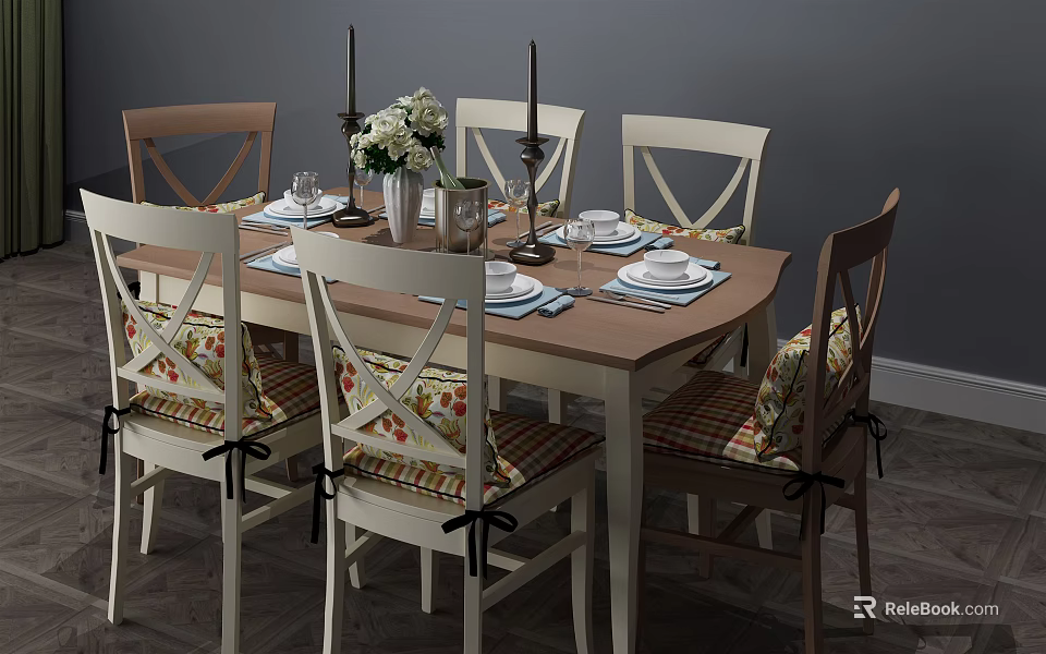 Wooden Dining Table Set With Cross Back Chairs Patterned Seat Cushions And Tableware 3d model 