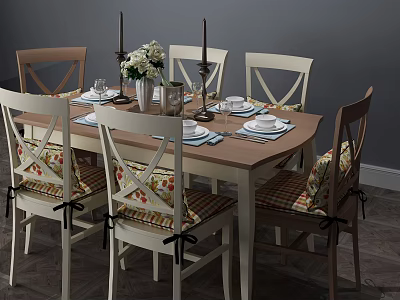 Wooden Dining Table Set With Cross Back Chairs Patterned Seat Cushions And Tableware 3d model
