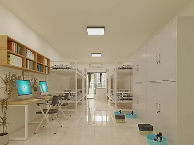 School Dormitory Interior With Bunk Beds White Lockers Bookshelves Computer Desks And Potted Plant 3d model
