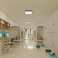 School Dormitory Interior With Bunk Beds White Lockers Bookshelves Computer Desks And Potted Plant