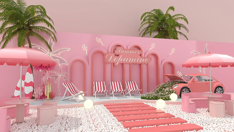 Pink Summer Delight Scene With Striped Deck Chairs Palm Trees Pink Car And Umbrellas 3d model 