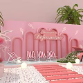 Pink Summer Delight Scene With Striped Deck Chairs Palm Trees Pink Car And Umbrellas