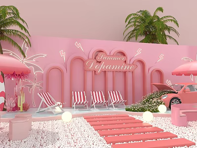 Pink Summer Delight Scene With Striped Deck Chairs Palm Trees Pink Car And Umbrellas 3d model