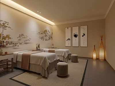 Elegant Chinese Style SPA Room With Massage Beds Wall Paintings And Floor Lamps 3d model