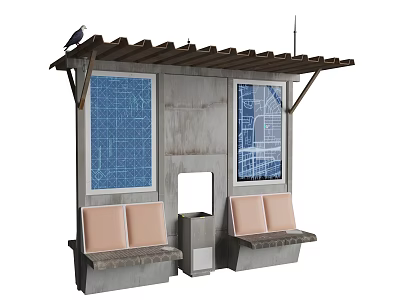 Bus Stop Exterior With Wooden Roof Shelter Pink Seats And Blue Map Boards 3d model