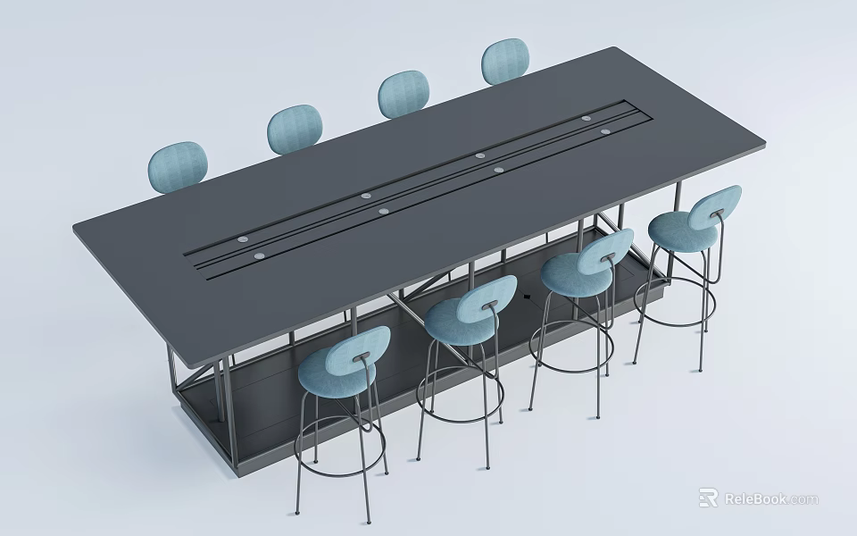 Modern Light Blue Six Bar Dining Chairs With Long Black Table 3d model